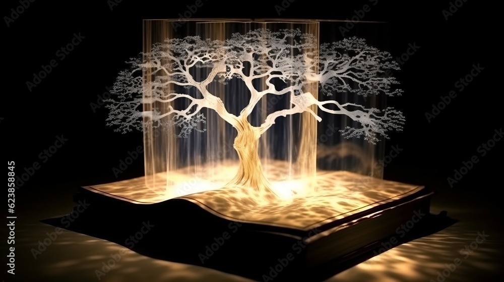 Poster paper book with 3d fantasy projection with flying butterflies and birds. printed pages of a creative