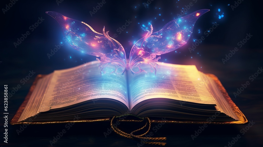 Poster paper book with 3d fantasy projection with flying butterflies and birds. printed pages of a creative