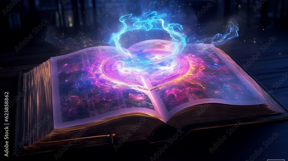 Poster paper book with 3d fantasy projection with flying butterflies and birds. printed pages of a creative