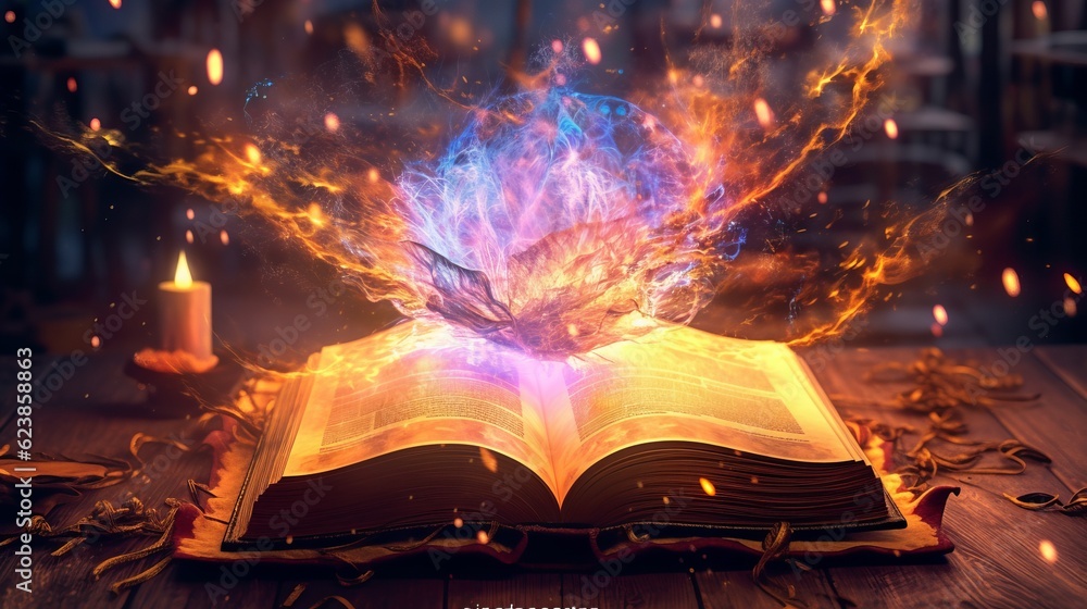 Poster paper book with 3d fantasy projection with flying butterflies and birds. printed pages of a creative