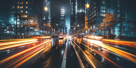 Fototapeta na wymiar evening city blurred light ,car traffic , high buildings, New York background template 