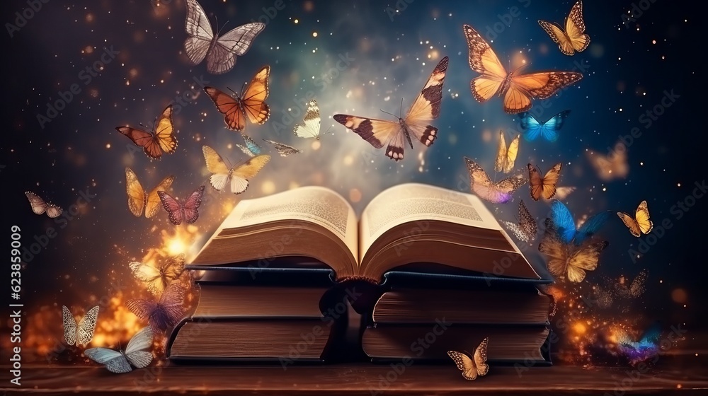 Poster paper book with 3d fantasy projection with flying butterflies and birds. printed pages of a creative