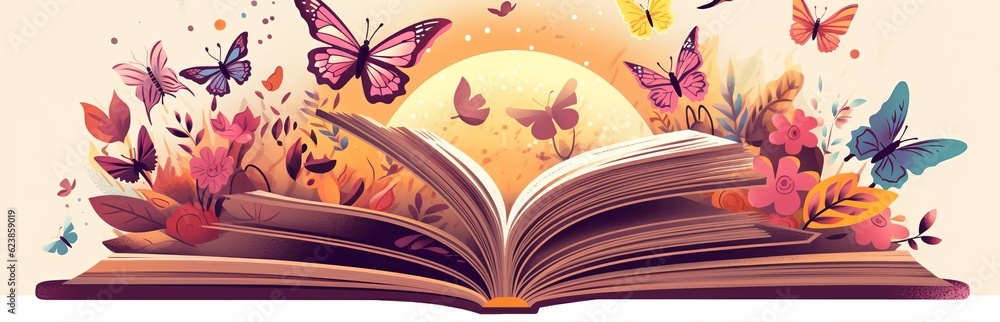 Poster paper book with 3d fantasy projection with flying butterflies and birds. printed pages of a creative