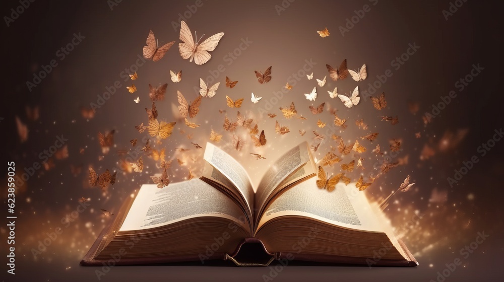 Poster paper book with 3d fantasy projection with flying butterflies and birds. printed pages of a creative