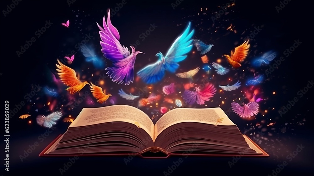 Poster paper book with 3d fantasy projection with flying butterflies and birds. printed pages of a creative