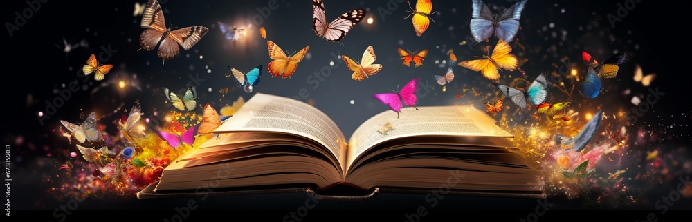 Poster paper book with 3d fantasy projection with flying butterflies and birds. printed pages of a creative