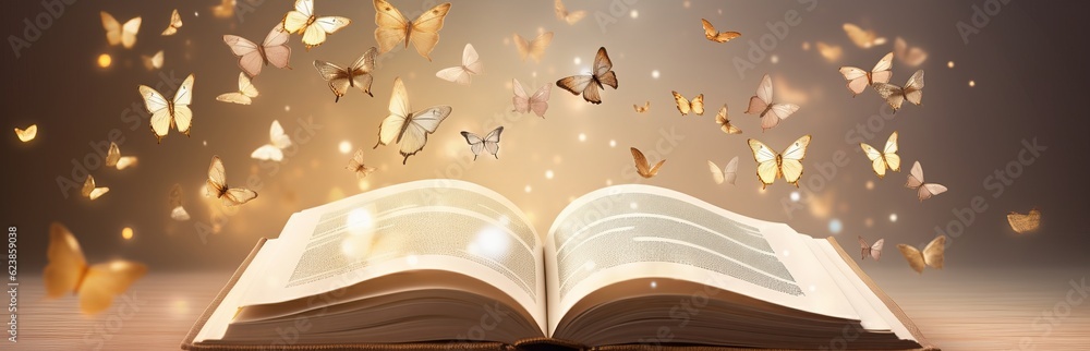 Poster paper book with 3d fantasy projection with flying butterflies and birds. printed pages of a creative