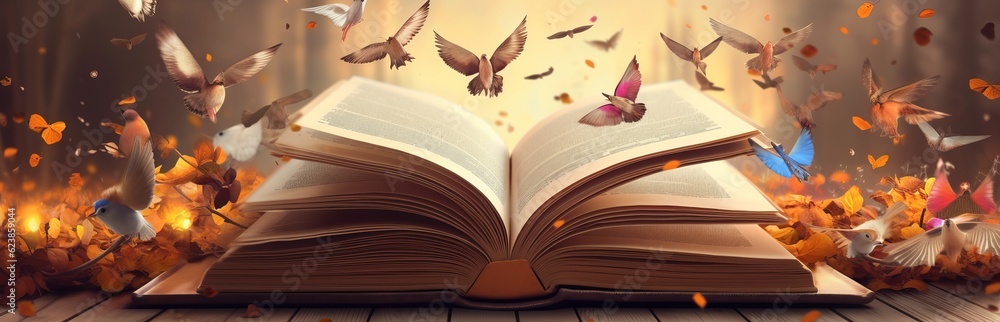 Poster paper book with 3d fantasy projection with flying butterflies and birds. printed pages of a creative