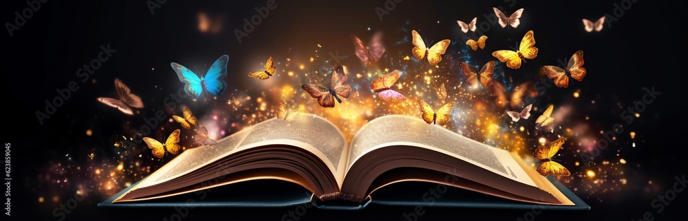 Poster paper book with 3d fantasy projection with flying butterflies and birds. printed pages of a creative
