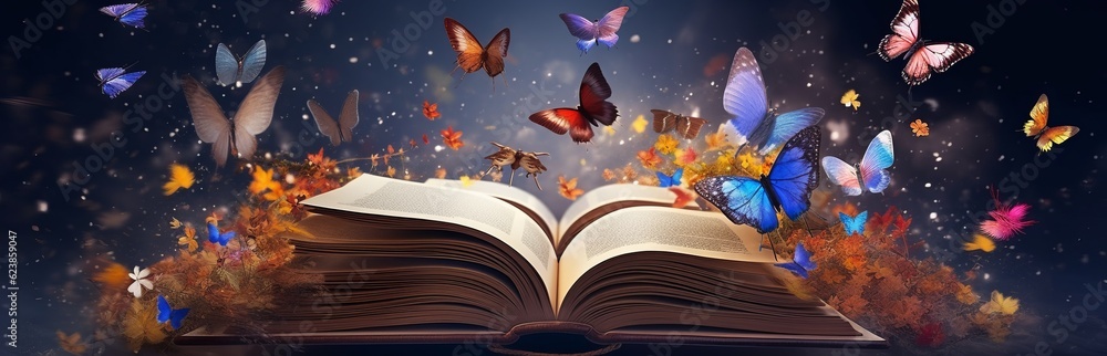 Poster paper book with 3d fantasy projection with flying butterflies and birds. printed pages of a creative