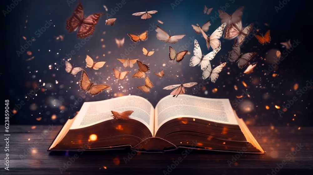 Poster paper book with 3d fantasy projection with flying butterflies and birds. printed pages of a creative