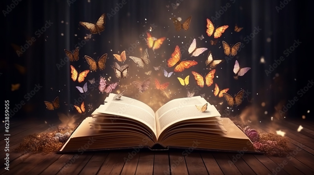 Poster paper book with 3d fantasy projection with flying butterflies and birds. printed pages of a creative