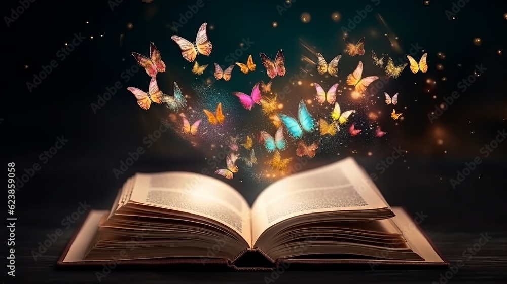 Poster paper book with 3d fantasy projection with flying butterflies and birds. printed pages of a creative