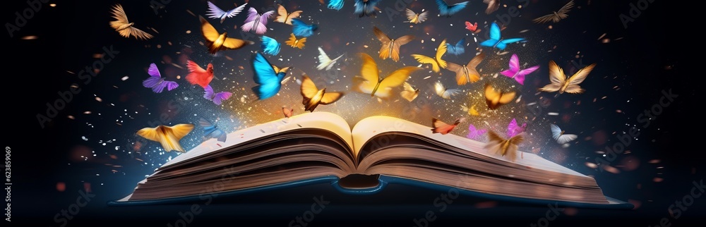 Poster paper book with 3d fantasy projection with flying butterflies and birds. printed pages of a creative