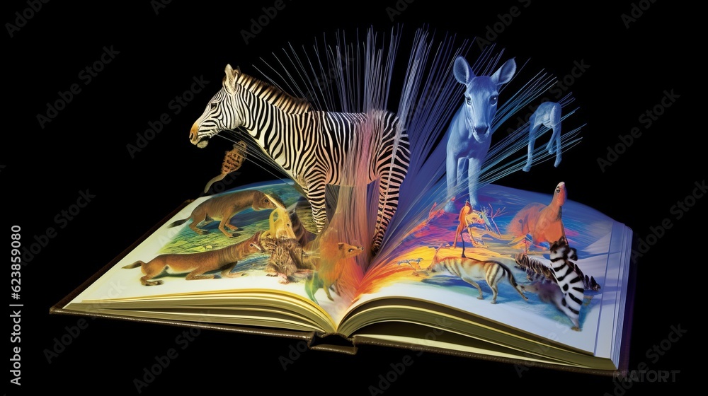 Poster paper book with 3d fantasy projection with flying butterflies and birds. printed pages of a creative