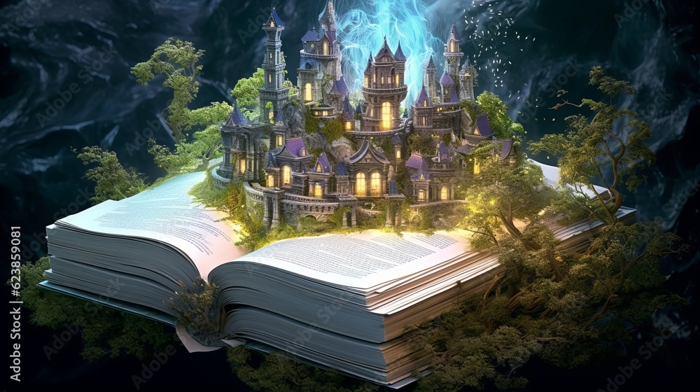 Poster paper book with 3d fantasy projection with flying butterflies and birds. printed pages of a creative