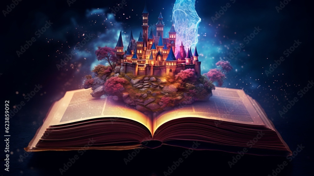 Poster paper book with 3d fantasy projection with flying butterflies and birds. printed pages of a creative