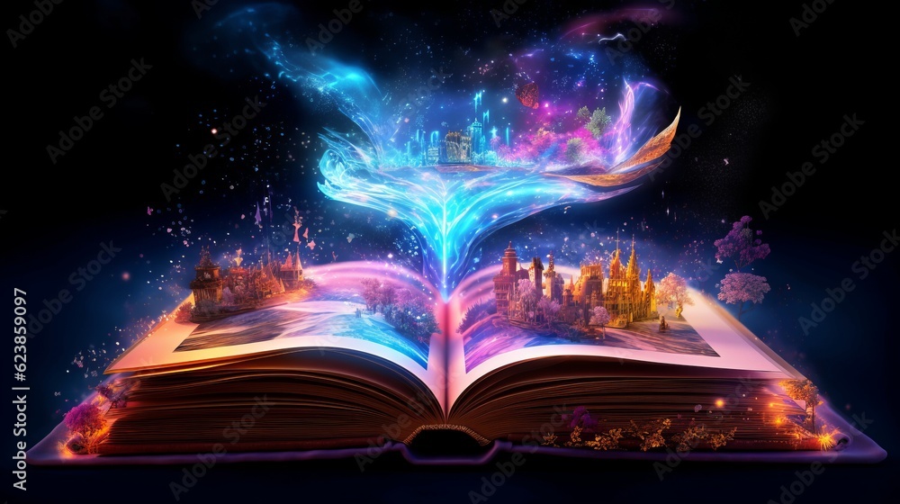 Poster paper book with 3d fantasy projection with flying butterflies and birds. printed pages of a creative