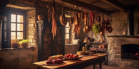 Fototapeta na wymiar Braided onion and chilli, salami, hams hanging on wooden beams in old Italian kitchen with fireplace and laid table