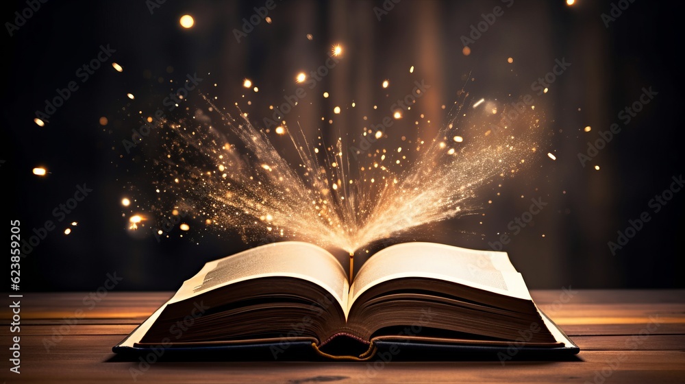 Poster paper book with 3d fantasy projection with flying butterflies and birds. printed pages of a creative