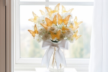 Generative AI. wedding trend. bouquet of butterflies and flowers in white and yellow colors in vase near window 