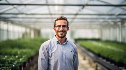 Portrait of a handsome smiling worker in uniform standing in the greenhouse with a green plantation in the background. Generative Ai.