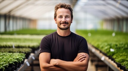 Fototapeta premium Portrait of a handsome smiling worker in uniform standing in the greenhouse with a green plantation in the background. Generative Ai.