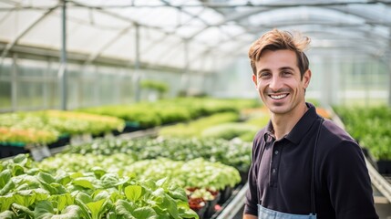 Obraz premium Portrait of a handsome smiling worker in uniform standing in the greenhouse with a green plantation in the background. Generative Ai.