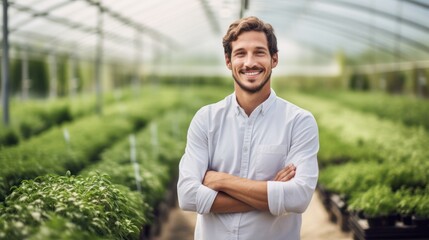 Naklejka na ściany i meble Portrait of a handsome smiling worker in uniform standing in the greenhouse with a green plantation in the background. Generative Ai.