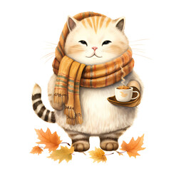 cat in autumn with scarf. watercolor illustration.