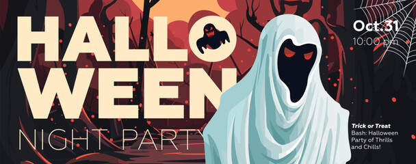 Halloween party banner with ghost on night forest background. Horizontal poster evil monster in moon wood. Art cover spooky dead man. Holiday evening promo artwork flyer. Trendy typography eps print
