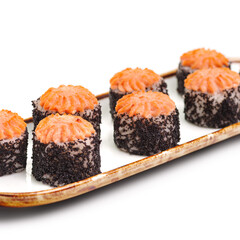 ROLL BAKED WITH EEL on White background.