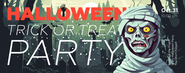 Halloween trick or treat party horizontal banner. Zombie on tombstones backdrop. Poster angry mummy in cemetery. Art cover evil dead man. Holiday evening promo artwork flyer. Vector trendy typography