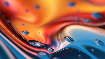 The close up of a glossy liquid surface abstract in red, yellow, and blue colors with a soft focus. 3D illustration of exuberant.