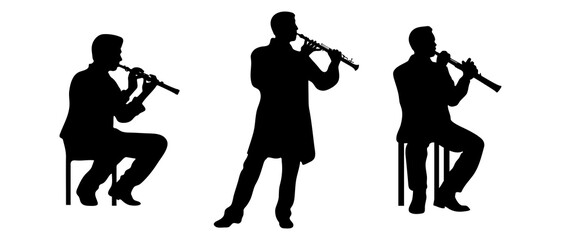 Saxophone trumpet flutist silhouette black filled vector Illustration - obrazy, fototapety, plakaty