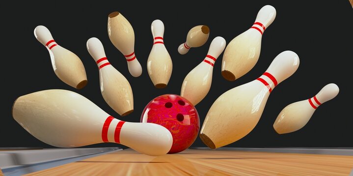 bowling skittles and bowling ball red. 3D render