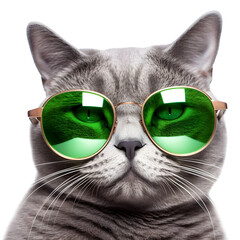 Funny cat with green sunglasses. Isolated on white background.