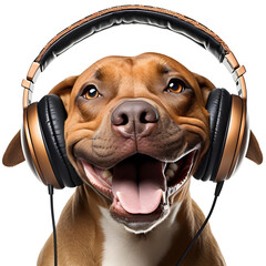 Happy bulldog wearing headphones on isolated Background, dog listening to music with clipping path