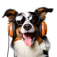 Happy dog with sunglasses and headphones on isolated Background