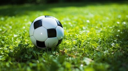 Fototapeta premium Black and white football on green grass
