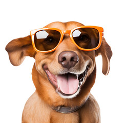 Happy labrador dog wearing orange sunglasses on isolated Background