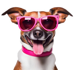 Happy mixed-breed dog wearing pink sunglasses on isolated Background