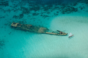 Aerial view of an old shipwreck in the San Blas islands, Panama, Central America - stock photo