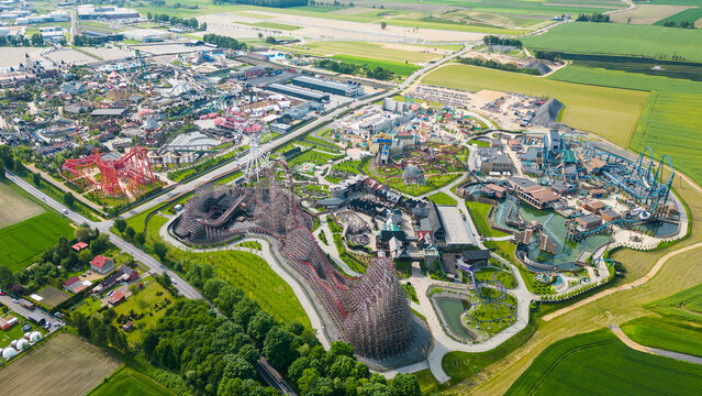 Zator, Poland - May 27, 2023: Aerial view of Energylandia amusement park in Poland
