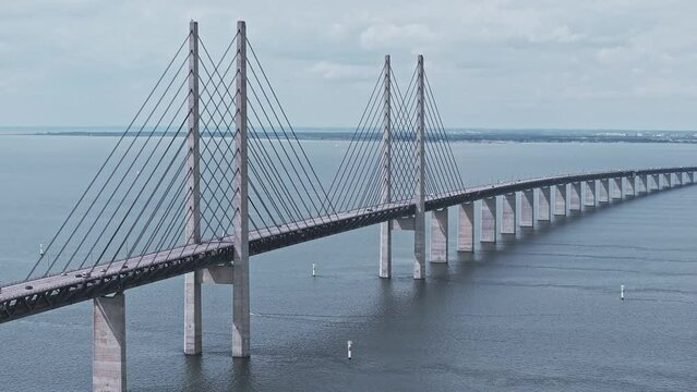 Panoramic aerial close up view of Oresund bridge over the Baltic sea between Malmo city in Sweden and Copenhagen in Denmark.