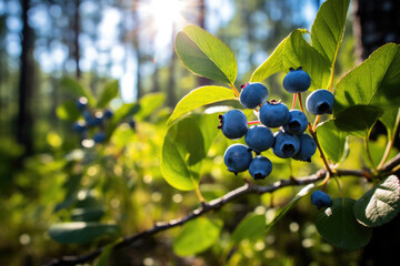 Blueberries on a bush in a summer sunny forest