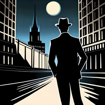 Silhouette of man standing anone in the night city street
