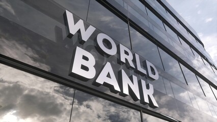 Obraz premium World Bank on glass building. Mirrored sky and city modern facade. Financial concept. 3d illustration
