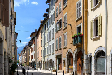 Views of central part of Grenoble city witn mountains around, old cable car, Bastille fortress, Isere, France