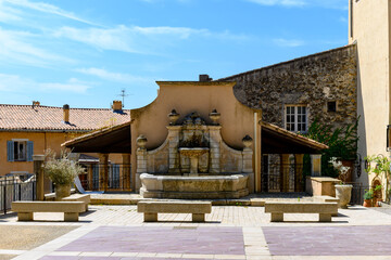 Travel destination, small ancient village Cotignac in Var, Provence, surrounded by vineyards and...